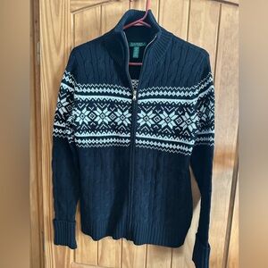 Black w/white snowflake/fair isle pattern zip front knit sweater
